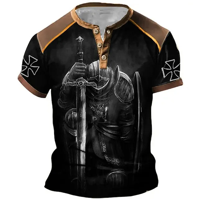 Mens Graphic Shirt Knights Templar Prints Fashion Basic Casual Henley Tee Outdoor Daily Going Blue Brown Gray Short Sleeve Cross Black With Sword And Shield Cotton 11f29ddd01064e16038ed0b3b819ff38