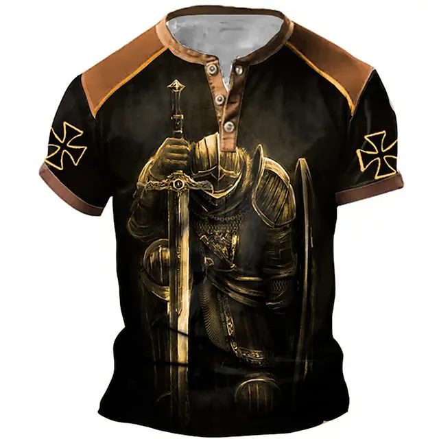 Mens Graphic Shirt Knights Templar Prints Fashion Basic Casual Henley Tee Outdoor Daily Going Blue Brown Gray Short Sleeve Cross Black With Sword And Shield Cotton 8491c653a86ee2ededf97a628c0fff4a