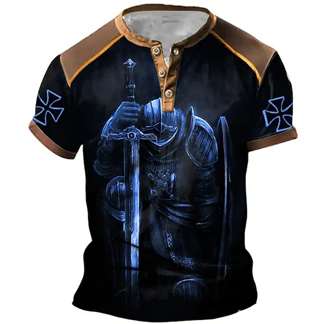 Mens Graphic Shirt Knights Templar Prints Fashion Basic Casual Henley Tee Outdoor Daily Going Blue Brown Gray Short Sleeve Cross Black With Sword And Shield Cotton c4afc884f248e793de96ff7ff7b9f3b5