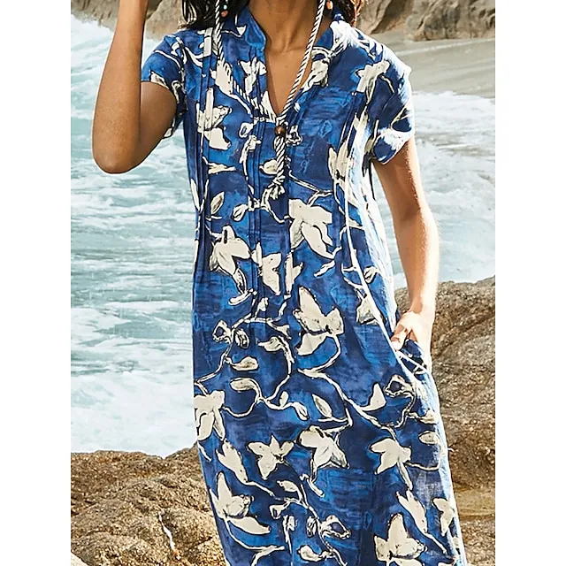 Women’s Summer Dress Print Dress Floral Print Pocket Split Neck Midi Dress Active Fashion Outdoor Street Short Sleeve Loose Fit Blue Summer Spring S M L XL XXL 76becd0b7573c2a67a2ca919675d618a