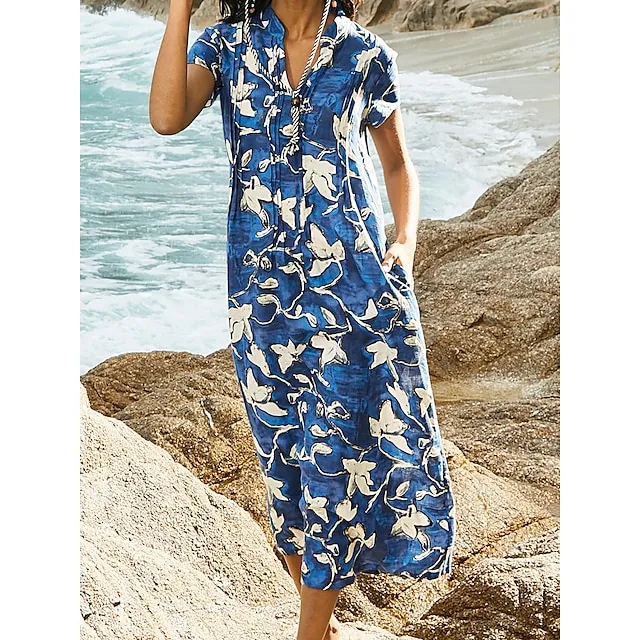 Women's Summer Dress Print Dress Floral Print Pocket Split Neck Midi Dress Active Fashion Outdoor Street Short Sleeve Loose Fit Blue Summer Spring S M L XL XXL 964469520860ae7bc787a853e6e816fd