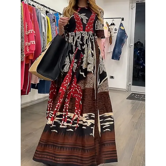 Women’s Swing Dress Print Dress Floral Print Crew Neck Long Dress Maxi Dress Vintage Streetwear Outdoor Daily Half Sleeve Loose Fit Brown Spring Fall S M L XL XXL 8f251796ac0d0882be60879aba0abec9