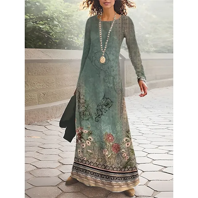 Women’s T Shirt Dress Casual Dress Winter Dress Floral Tribal Print Crew Neck Long Dress Maxi Dress Vintage Ethnic Outdoor Street Long Sleeve Regular Fit Black Red Royal Blue Spring Fall S M L XL XXL 000310ff89cb07d9f986e9084af2bf8c