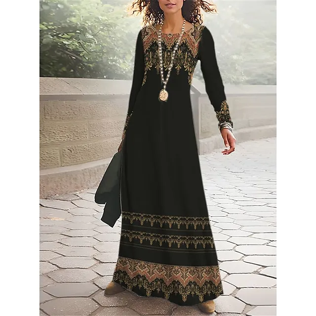 Women's T Shirt Dress Casual Dress Winter Dress Floral Tribal Print Crew Neck Long Dress Maxi Dress Vintage Ethnic Outdoor Street Long Sleeve Regular Fit Black Red Royal Blue Spring Fall S M L XL XXL 0d9d8adb092cd2127d6312d0e5cb6a8c