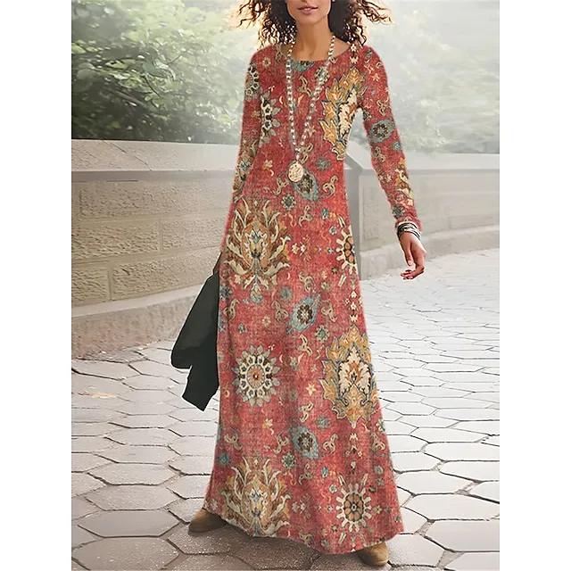 Women’s T Shirt Dress Casual Dress Winter Dress Floral Tribal Print Crew Neck Long Dress Maxi Dress Vintage Ethnic Outdoor Street Long Sleeve Regular Fit Black Red Royal Blue Spring Fall S M L XL XXL 682ca049cdaa543b3bf66f364ba5f399