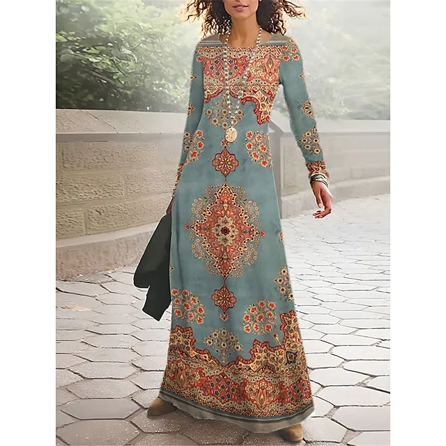 Women’s T Shirt Dress Casual Dress Winter Dress Floral Tribal Print Crew Neck Long Dress Maxi Dress Vintage Ethnic Outdoor Street Long Sleeve Regular Fit Black Red Royal Blue Spring Fall S M L XL XXL 84e62fa7bb7ea38d598334e6034e48ea
