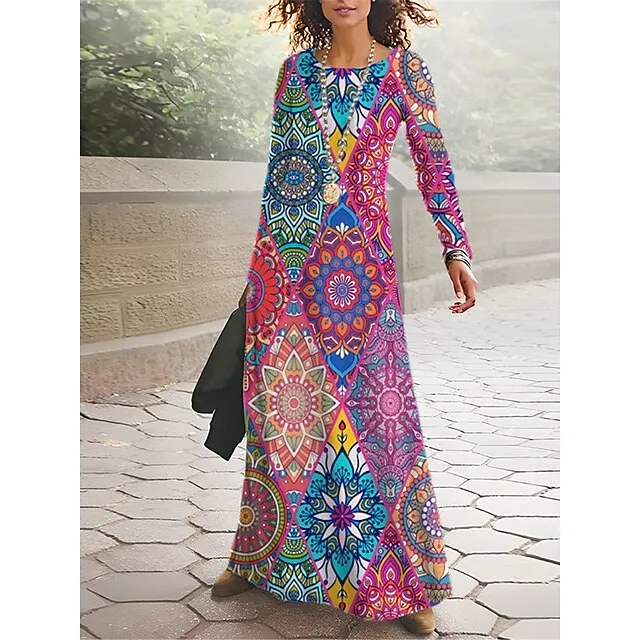 Women’s T Shirt Dress Casual Dress Winter Dress Floral Tribal Print Crew Neck Long Dress Maxi Dress Vintage Ethnic Outdoor Street Long Sleeve Regular Fit Black Red Royal Blue Spring Fall S M L XL XXL 8e5444fc3c7280c26a610d340b36f4e9