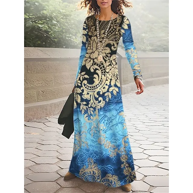 Women’s T Shirt Dress Casual Dress Winter Dress Floral Tribal Print Crew Neck Long Dress Maxi Dress Vintage Ethnic Outdoor Street Long Sleeve Regular Fit Black Red Royal Blue Spring Fall S M L XL XXL 9b6dbb145171fe7549e8c6f34d2f00bc