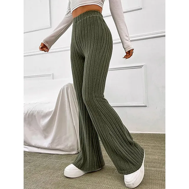 Women’s Bootcut Pants Trousers Flare Leggings Solid Color Maillard Stripe Full Length Micro-elastic High Waist Fashion Streetwear Street Daily Grey Green S M Fall Winter 476bff9f43d827f31e6878cf62ca0b8e