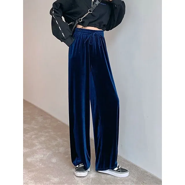 Women‘s Wide Leg Velvet Pants Trousers Baggy Full Length Pocket Micro-elastic High Waist Fashion Streetwear Party Peacock Blue Black S M Fall & Winter 424ef71f2a71c5568abc168d79db552e