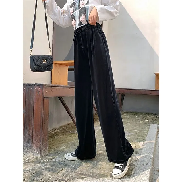 Women‘s Wide Leg Velvet Pants Trousers Baggy Full Length Pocket Micro-elastic High Waist Fashion Streetwear Party Peacock Blue Black S M Fall & Winter 6dec1ae6b340adb35b7fa355a3d414a4