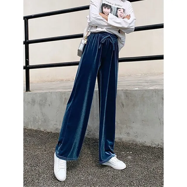 Women‘s Wide Leg Velvet Pants Trousers Baggy Full Length Pocket Micro-elastic High Waist Fashion Streetwear Party Peacock Blue Black S M Fall & Winter 932734a7e1332607e0d7fd66c06c1cef