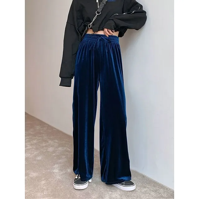 Women‘s Wide Leg Velvet Pants Trousers Baggy Full Length Pocket Micro-elastic High Waist Fashion Streetwear Party Peacock Blue Black S M Fall & Winter 9f54f7dc4ea160bb871f44819776566c