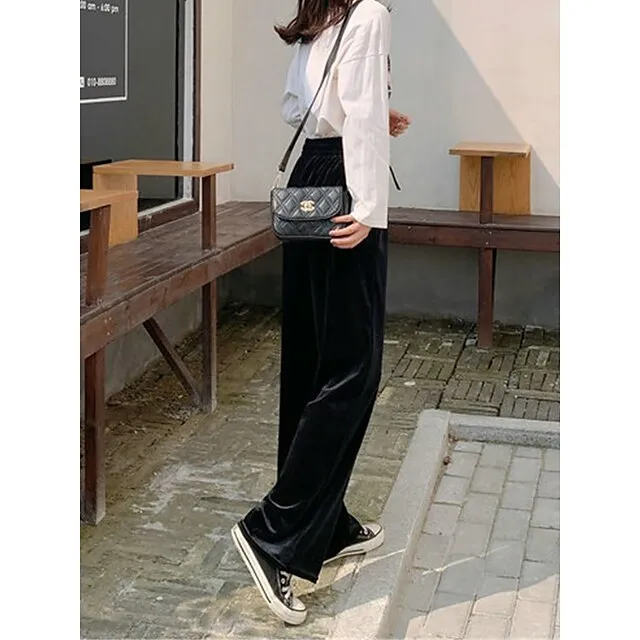Women‘s Wide Leg Velvet Pants Trousers Baggy Full Length Pocket Micro-elastic High Waist Fashion Streetwear Party Peacock Blue Black S M Fall & Winter a7d1a41fe09bbc4faaf7e21544759eab