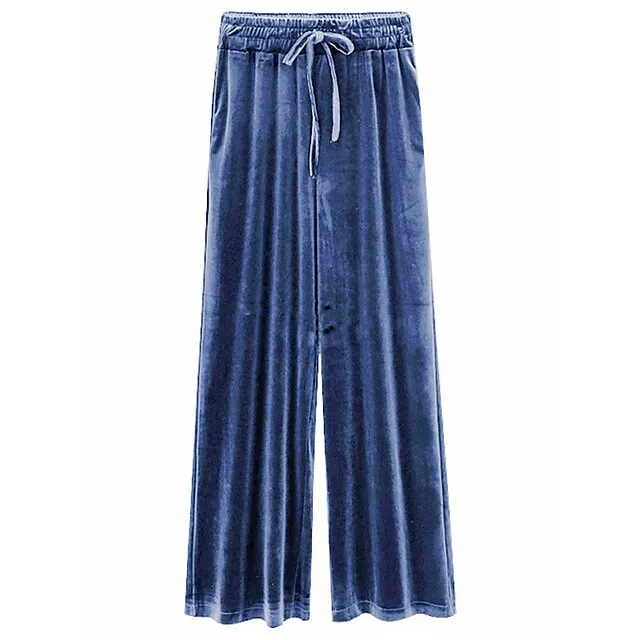 Women‘s Wide Leg Velvet Pants Trousers Baggy Full Length Pocket Micro-elastic High Waist Fashion Streetwear Party Peacock Blue Black S M Fall & Winter ac54ab81463b198d9987948c59e125bc