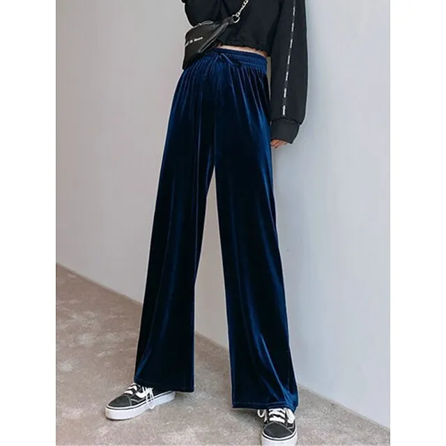 Women‘s Wide Leg Velvet Pants Trousers Baggy Full Length Pocket Micro-elastic High Waist Fashion Streetwear Party Peacock Blue Black S M Fall & Winter bafb8c37ddead8307ed53028c3e8829b