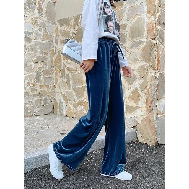 Women‘s Wide Leg Velvet Pants Trousers Baggy Full Length Pocket Micro-elastic High Waist Fashion Streetwear Party Peacock Blue Black S M Fall & Winter bc798fe25e5ebd18adb68ff11f5f418c