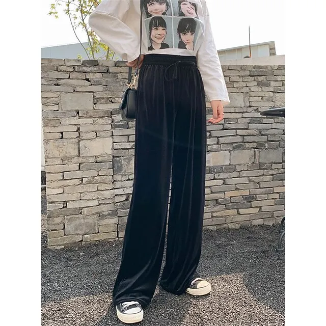 Women‘s Wide Leg Velvet Pants Trousers Baggy Full Length Pocket Micro-elastic High Waist Fashion Streetwear Party Peacock Blue Black S M Fall & Winter e69b5b36b84fa05a436141cf727e69b3