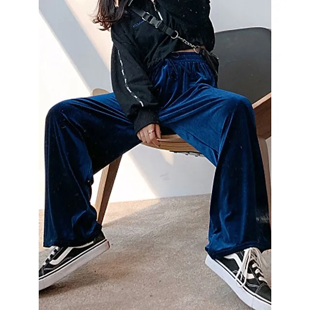 Women‘s Wide Leg Velvet Pants Trousers Baggy Full Length Pocket Micro-elastic High Waist Fashion Streetwear Party Peacock Blue Black S M Fall & Winter e8a239ad98c05ec6606d34988b48e5b2