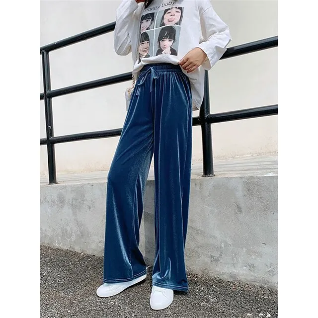 Women‘s Wide Leg Velvet Pants Trousers Baggy Full Length Pocket Micro-elastic High Waist Fashion Streetwear Party Peacock Blue Black S M Fall & Winter fabf5dea648a26e8f6ca028def81916f