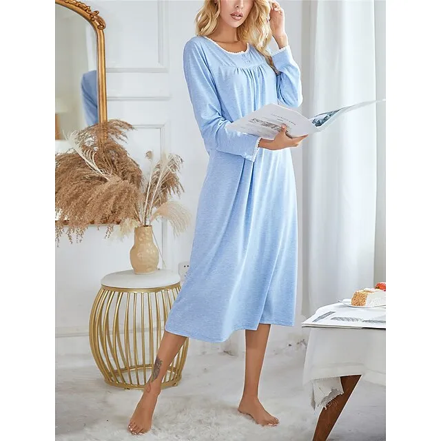 Women’s Pajamas Nightgown Nightshirt Dress Pure Color Simple Casual Soft Home Daily Bed Polyester Breathable Crew Neck Long Sleeve Fall Light Blue 2e4b887014bcf12bf0bb0da432f85d91