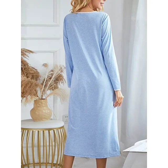 Women’s Pajamas Nightgown Nightshirt Dress Pure Color Simple Casual Soft Home Daily Bed Polyester Breathable Crew Neck Long Sleeve Fall Light Blue 912336f07bb1d98ae342989a19d84ed5