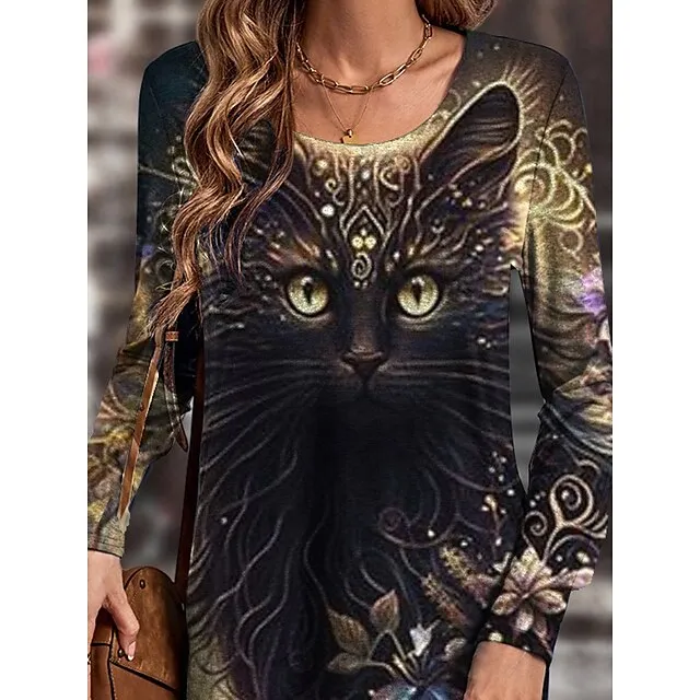 Women’s T Shirt Dress Tee Dress Print Dress Animal Cat Print V Neck Mini Dress Fashion Streetwear Outdoor Daily Long Sleeve Loose Fit Gold Fall S M L XL XXL 456d0dfb132fa549076e3b4f540ec7e8