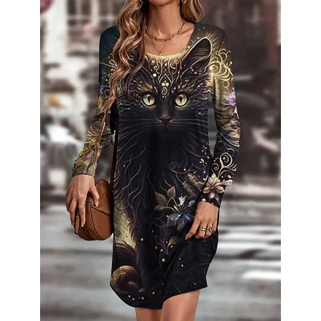 Women's T Shirt Dress Tee Dress Print Dress Animal Cat Print V Neck Mini Dress Fashion Streetwear Outdoor Daily Long Sleeve Loose Fit Gold Fall S M L XL XXL b621e19ebfb2e35dd25f432b9f62907b