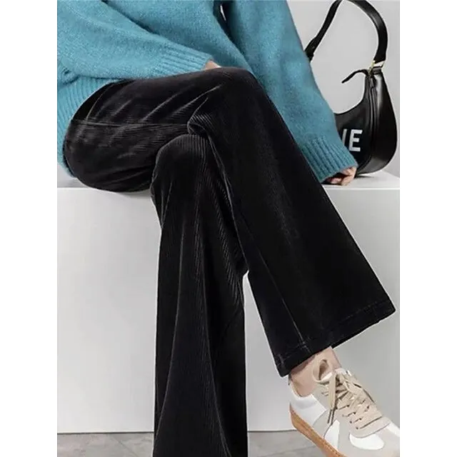 Women‘s Fleece Corduroy Pants Wide Leg Chinos Full Length Fashion Casual Outdoor Home Black Beige One-Size Fall Winter 4e930f6709c81693913f0e62ea994862