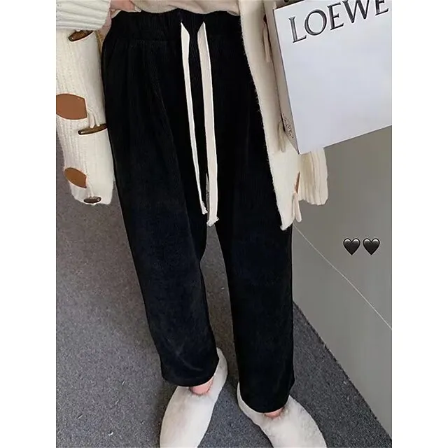Women‘s Fleece Corduroy Pants Wide Leg Chinos Full Length Fashion Casual Outdoor Home Black Beige One-Size Fall Winter 9e7156096b563fa94806cf5213f48ca4