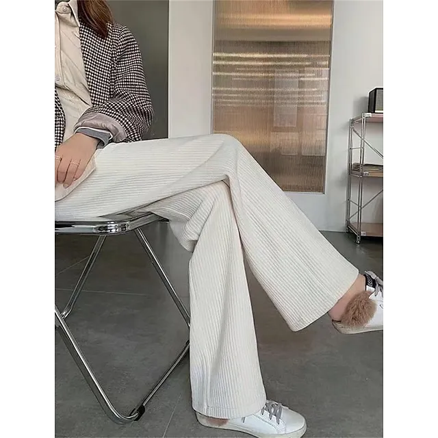 Women‘s Fleece Corduroy Pants Wide Leg Chinos Full Length Fashion Casual Outdoor Home Black Beige One-Size Fall Winter e57a32e5d879d51e70f9fbe2a24181ea