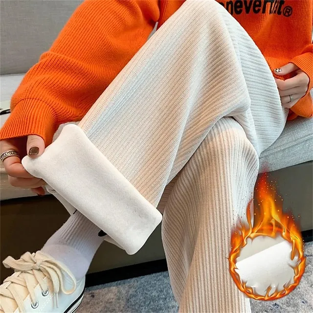 Women‘s Fleece Corduroy Pants Wide Leg Chinos Full Length Fashion Casual Outdoor Home Black Beige One-Size Fall Winter eb2387cee49adba5a46e77c3d5bba062