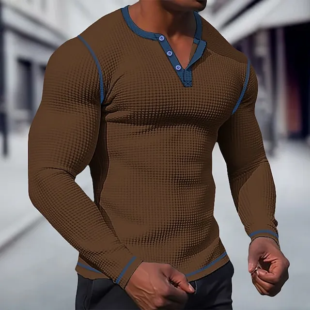 Men’s T shirt Tee Waffle Henley Shirt Henley Shirt Tee Top Long Sleeve Shirt Plain Raglan Sleeve Henley Street Vacation Long Sleeve Patchwork Clothing Apparel Fashion Designer Basic 19ef97c1ad159900e820d6fbd8465195