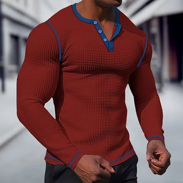 Men’s T shirt Tee Waffle Henley Shirt Henley Shirt Tee Top Long Sleeve Shirt Plain Raglan Sleeve Henley Street Vacation Long Sleeve Patchwork Clothing Apparel Fashion Designer Basic 470bb1082211c0501b5b662360e280bd