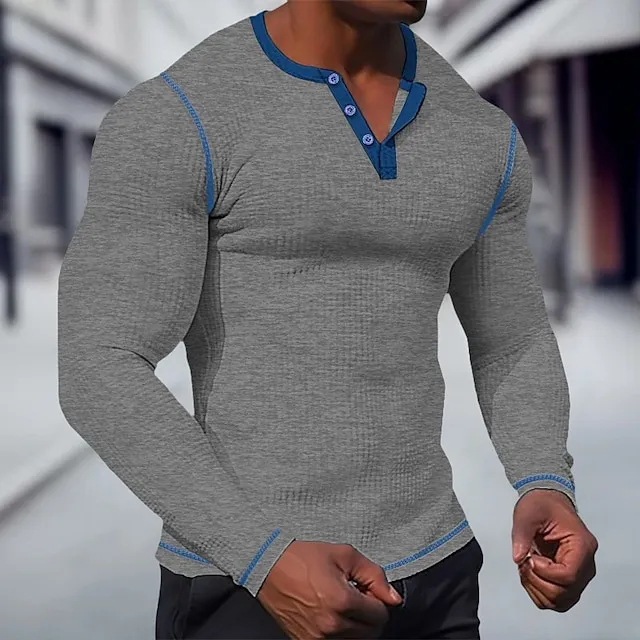 Men’s T shirt Tee Waffle Henley Shirt Henley Shirt Tee Top Long Sleeve Shirt Plain Raglan Sleeve Henley Street Vacation Long Sleeve Patchwork Clothing Apparel Fashion Designer Basic 8145410e1f1e03df84fb33a95f28d240