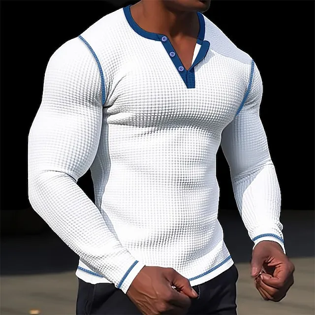 Men's T shirt Tee Waffle Henley Shirt Henley Shirt Tee Top Long Sleeve Shirt Plain Raglan Sleeve Henley Street Vacation Long Sleeve Patchwork Clothing Apparel Fashion Designer Basic 860ed6d6dac44c58e300f9557874b8d2