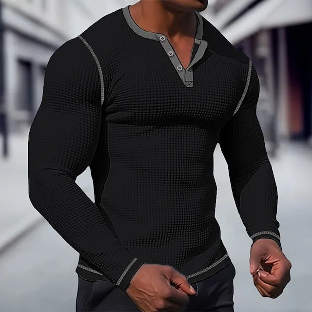 Men’s T shirt Tee Waffle Henley Shirt Henley Shirt Tee Top Long Sleeve Shirt Plain Raglan Sleeve Henley Street Vacation Long Sleeve Patchwork Clothing Apparel Fashion Designer Basic 8cb893a0433a13fc472bb2ea23582049