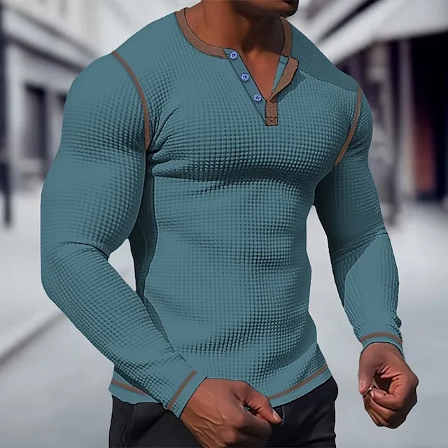 Men’s T shirt Tee Waffle Henley Shirt Henley Shirt Tee Top Long Sleeve Shirt Plain Raglan Sleeve Henley Street Vacation Long Sleeve Patchwork Clothing Apparel Fashion Designer Basic 95ee8c5f397cfffafd0b0426dae2db95