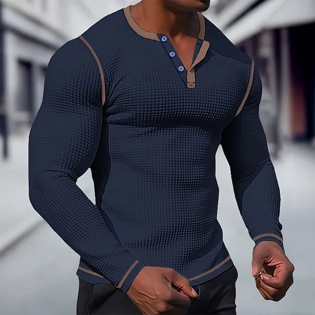 Men’s T shirt Tee Waffle Henley Shirt Henley Shirt Tee Top Long Sleeve Shirt Plain Raglan Sleeve Henley Street Vacation Long Sleeve Patchwork Clothing Apparel Fashion Designer Basic a25c679856b67d0a8bc1d1469f3362b5