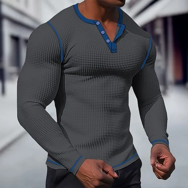 Men’s T shirt Tee Waffle Henley Shirt Henley Shirt Tee Top Long Sleeve Shirt Plain Raglan Sleeve Henley Street Vacation Long Sleeve Patchwork Clothing Apparel Fashion Designer Basic bb8fd5edc68e2e05291fe98e166af8fc