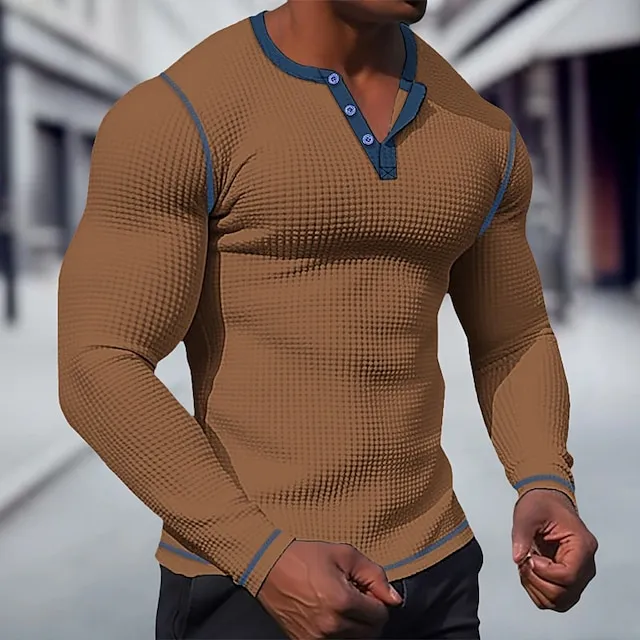 Men’s T shirt Tee Waffle Henley Shirt Henley Shirt Tee Top Long Sleeve Shirt Plain Raglan Sleeve Henley Street Vacation Long Sleeve Patchwork Clothing Apparel Fashion Designer Basic bc42906758fa1d2d730450a5779302b3