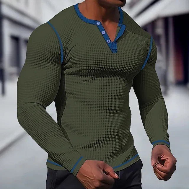 Men’s T shirt Tee Waffle Henley Shirt Henley Shirt Tee Top Long Sleeve Shirt Plain Raglan Sleeve Henley Street Vacation Long Sleeve Patchwork Clothing Apparel Fashion Designer Basic f37279adde3f2a7e3dcd874a9e5c686c