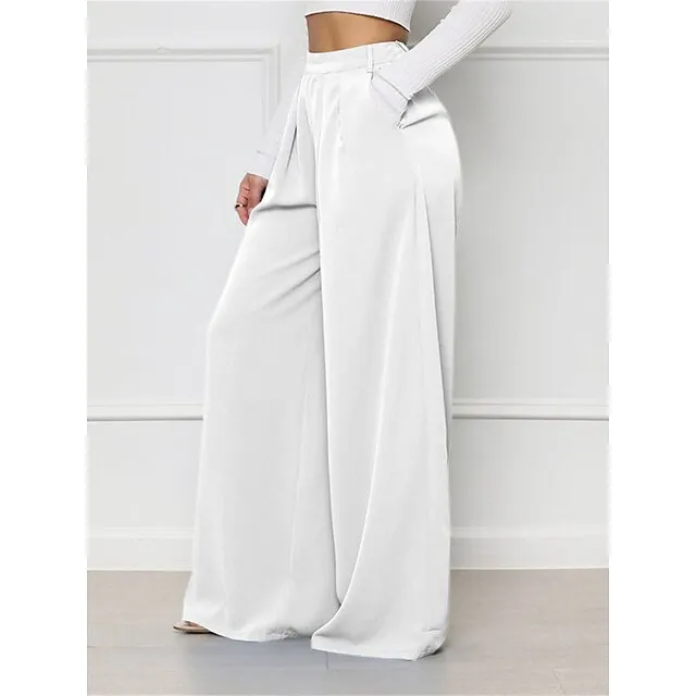Women’s Wide Leg Pants Trousers Plaid Pocket Full Length Micro-elastic High Waist Elegant Fashion Work Street Black White S M Winter Autumn / Fall 091ca5032fa5a438b0912e729e78c4a7