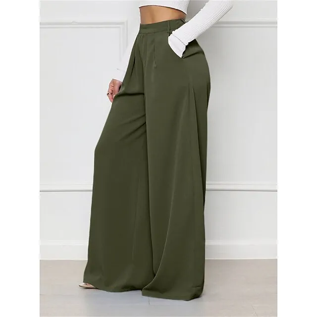 Women’s Wide Leg Pants Trousers Plaid Pocket Full Length Micro-elastic High Waist Elegant Fashion Work Street Black White S M Winter Autumn / Fall 20f9be459593c334fe58bd64081cd811