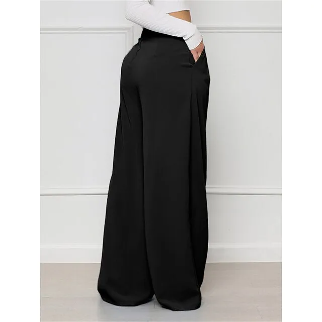 Women’s Wide Leg Pants Trousers Plaid Pocket Full Length Micro-elastic High Waist Elegant Fashion Work Street Black White S M Winter Autumn / Fall 72f1b0b03213444c6e5fe6896fcea60b