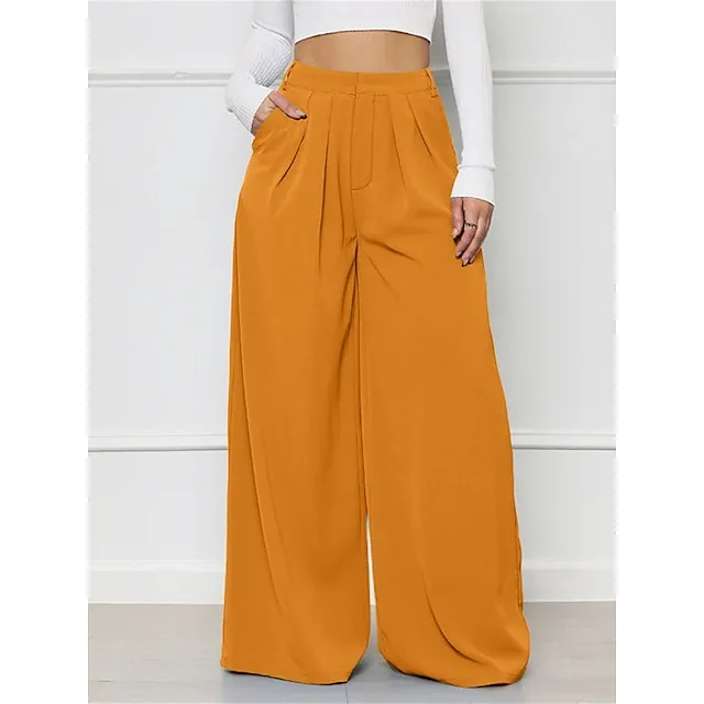 Women’s Wide Leg Pants Trousers Plaid Pocket Full Length Micro-elastic High Waist Elegant Fashion Work Street Black White S M Winter Autumn / Fall 85ca77357d5b8a50e892ca27d3fb5514
