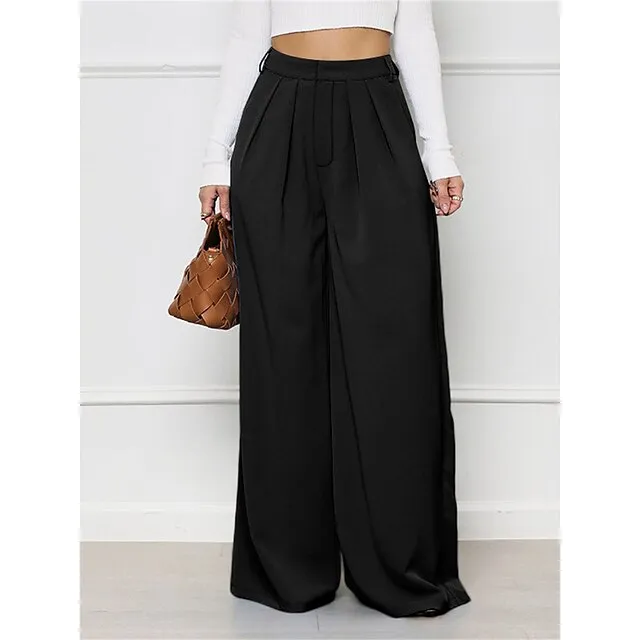 Women’s Wide Leg Pants Trousers Plaid Pocket Full Length Micro-elastic High Waist Elegant Fashion Work Street Black White S M Winter Autumn / Fall 8cb38b0ebe6c83cc13934112384450e5
