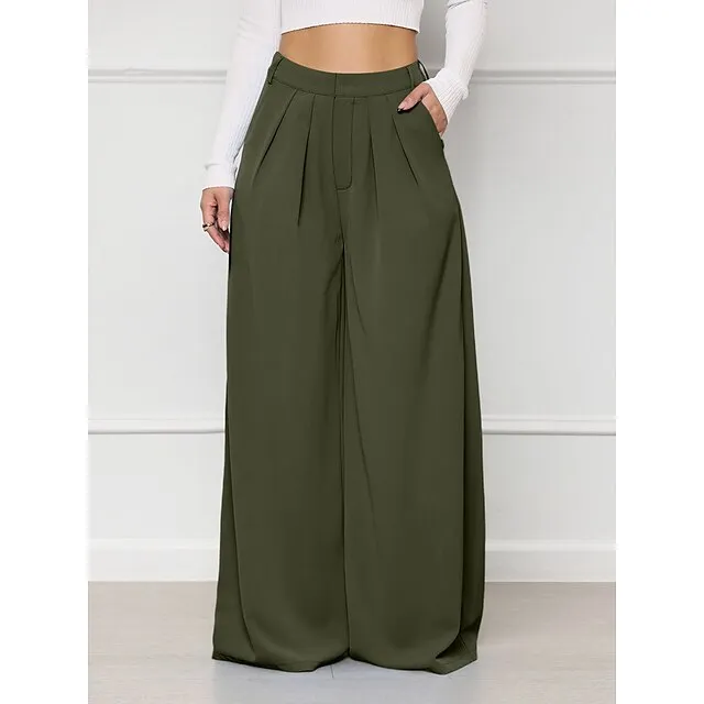 Women’s Wide Leg Pants Trousers Plaid Pocket Full Length Micro-elastic High Waist Elegant Fashion Work Street Black White S M Winter Autumn / Fall 8f0096182c21281f1b200bb9d1da711f
