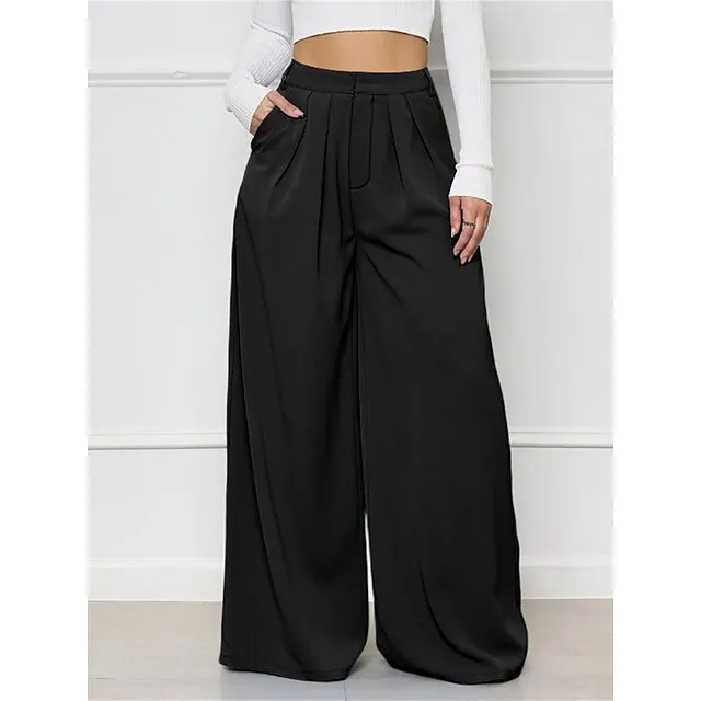 Women’s Wide Leg Pants Trousers Plaid Pocket Full Length Micro-elastic High Waist Elegant Fashion Work Street Black White S M Winter Autumn / Fall 8faa8f689742a75be702e28ee87472e4