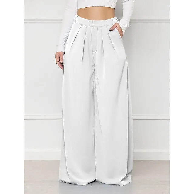 Women’s Wide Leg Pants Trousers Plaid Pocket Full Length Micro-elastic High Waist Elegant Fashion Work Street Black White S M Winter Autumn / Fall 962de1c536a9721633783f6b07248be0